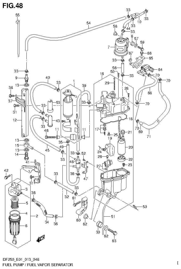 Suzuki DF200T, DF200Z, DF225T, DF225Z, DF250T, DF250Z FUEL PUMP / FUEL VAPOR SEPARATOR (DF225T E40) parts diagram